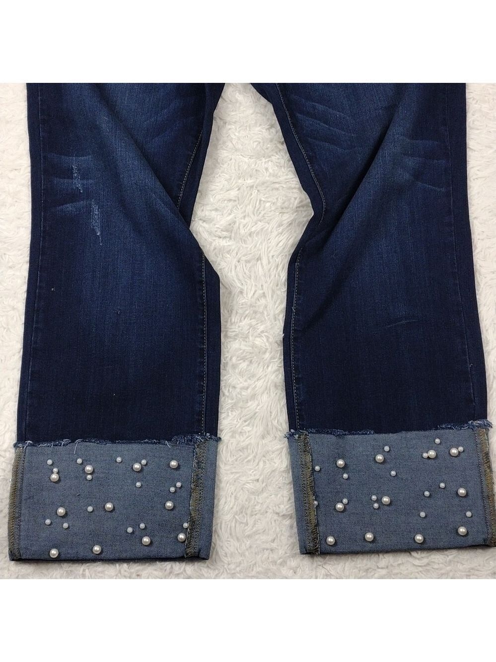 Judy Blue Five Pocket High Rise Dark Wash Embellish Cuff Straight Fit Ankle Jean - Picture 4 of 16